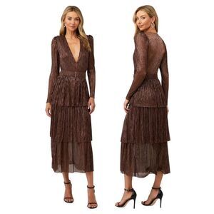 Sabina Musayev Carry Long Sleeve Bronze Metallic Tiered Midi Dress No Belt XS